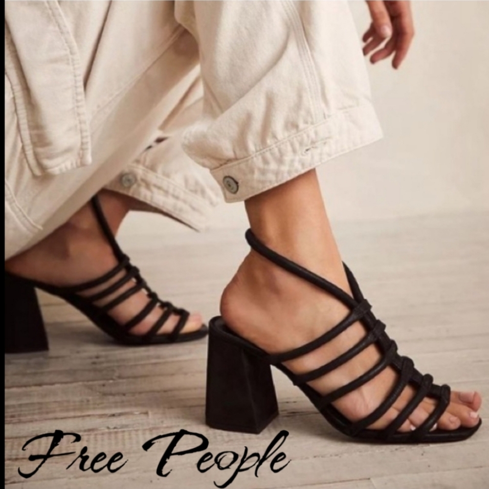 Free People Collette Cinched Heel Womens Sandels Sz 9 Black Leather Block Heel